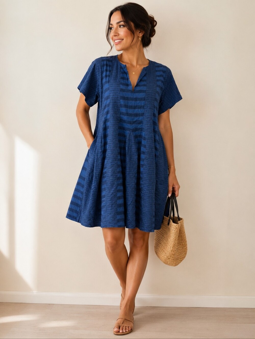 Caron Callahan Relaxed Fit Cotton Blend A Line Resortwear Quiet Luxury Dress XS